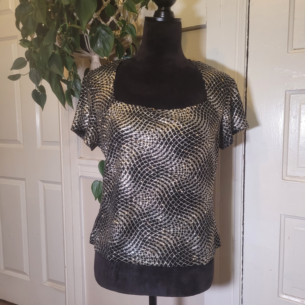 Vtg Trippy Geometric Sparkly Swirls Babydoll Top/t340